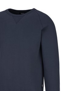 Marineblaue Sweatshirt mit Rundhalsausschnitt, geripptem Textil und langen Ärmeln. Verfügt über ein Etikett auf der linken unteren Seite. Schlichtes und modernes Design.