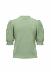 Pull à manches courtes, couleur vert pastel, fabriqué en maille texturée, avec un col côtelé subtil et des manches bouffantes, au design ajusté.