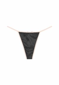 Schwarzer Satin-Thong mit hellrosa elastischen Besätzen. Bietet minimale Abdeckung und eine glatte Textur, gestaltet mit einer klassischen V-Form.