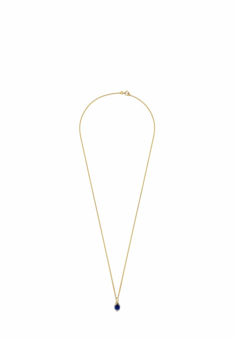 Collier doré avec une fine chaîne et un pendentif en forme de goutte d'eau bleu. Texture lisse, design minimaliste, adapté à diverses occasions.