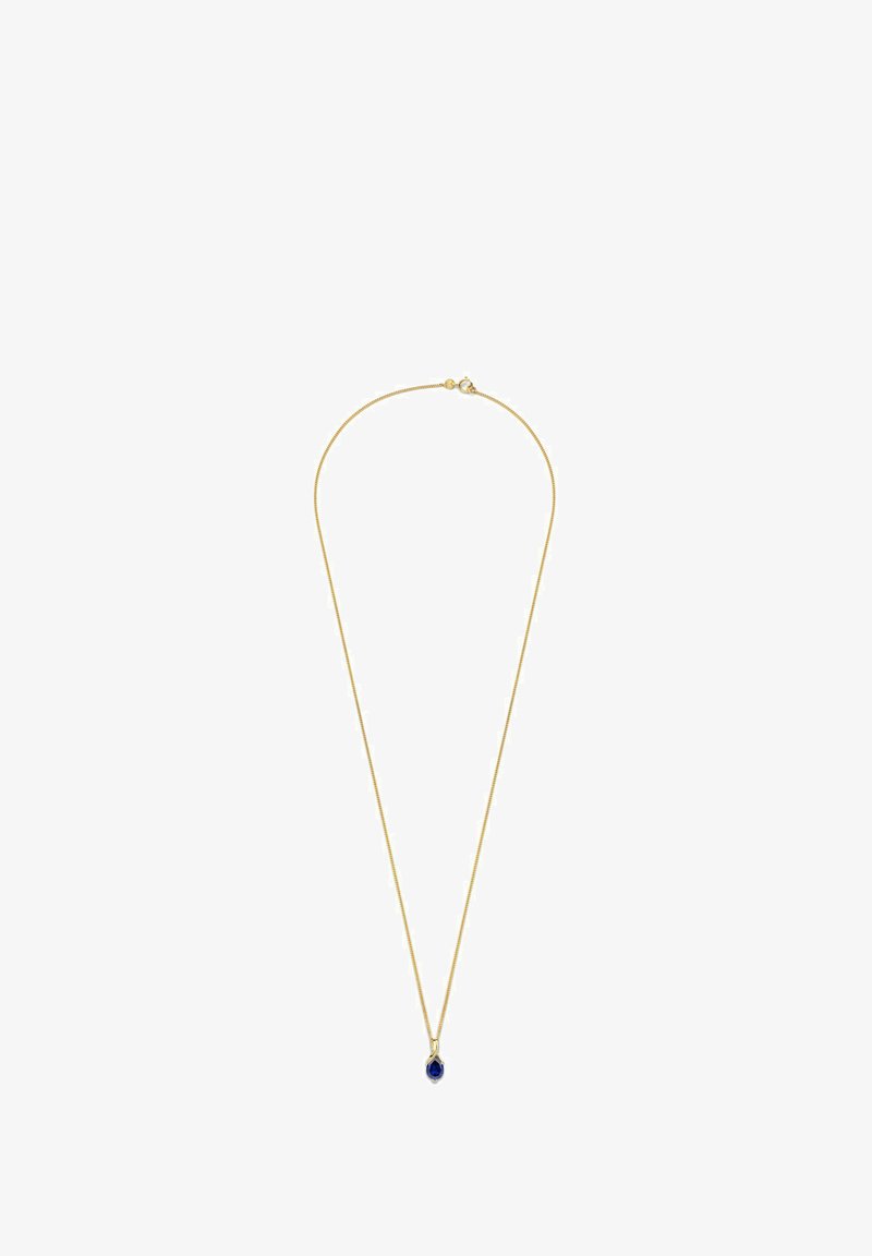 Náhrdelník v zlatej farbe s tenkým reťazcom a modrým slzičkovým príveskom. Hladký povrch, minimalistický dizajn, vhodný na rôzne príležitosti.