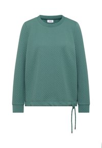Texturerad dämpad teal långärmad sweatshirt med rund halsringning och justerbar dragsko vid fållen, märkt "CECIL" inuti kragen.