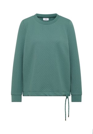 Gelaagde, gedempte teal lange mouwen sweatshirt met ronde hals en verstelbare trekkoord aan de onderkant, voorzien van het label "CECIL" aan de binnenkant van de kraag.