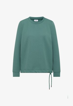 Sudadera de manga larga en un tono verde azulado mate, con cuello redondo y cordón ajustable en el dobladillo, etiquetada "CECIL" en el interior del cuello.