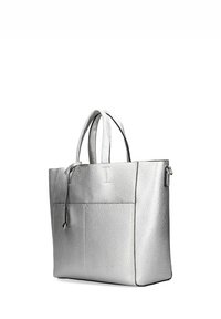 Silver leather tote bag with textured finish, dual top handles, exterior pocket, and minimalist design. Durable and versatile for various uses.