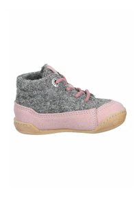 Gray and pink toddler high-top shoe with pink laces and rubber sole designed for comfort and support.