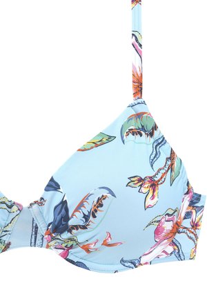 Lichtblauwe bikini-top met bloemenpatronen in groen, oranje en roze. Voorzien van dunne bandjes en een driehoekige cupvorm met geplooide details.