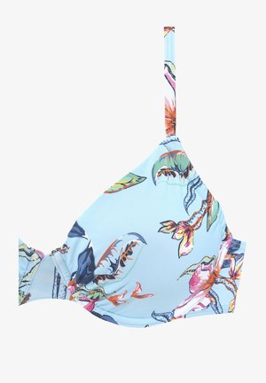 Helles blauer Bikini-Oberteil mit floralen Mustern in Grün, Orange und Pink. Verfügt über dünne Träger und eine dreieckige Cup-Form mit Raffung.