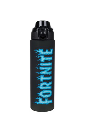 Schwarze Wasserflasche mit Klappverschluss und blauem "FORTNITE" Text im Flammendesign am Körper.