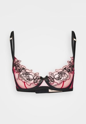 Melna mežģīņu krūšturis ar caurspīdīgu rozā pamatni, ar ziedu izšuvumiem, centrālo atloku, regulējamiem siksniņām un aizdari ar āķi un aci.