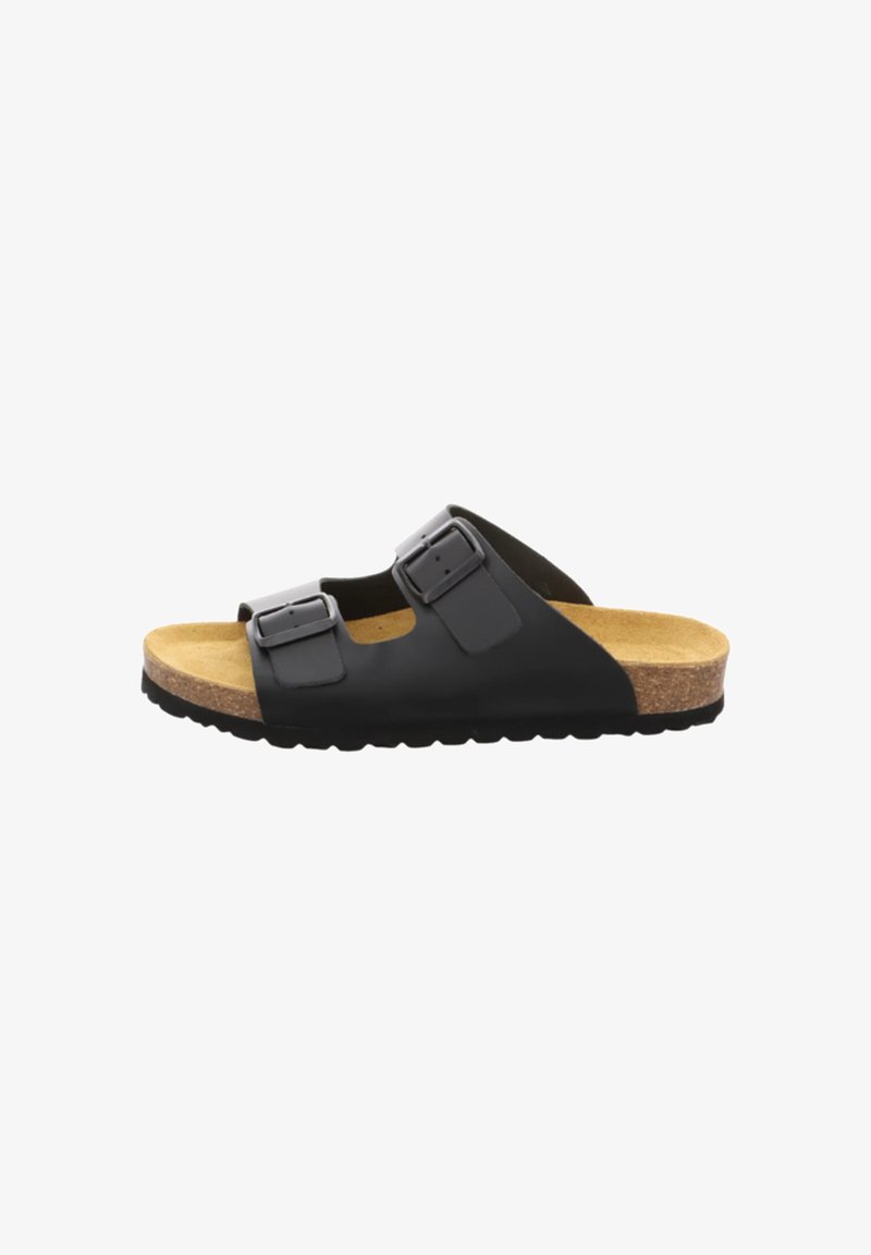 Black open-toe sandal with two adjustable straps and buckles, cork footbed, and textured black sole, viewed from the side.