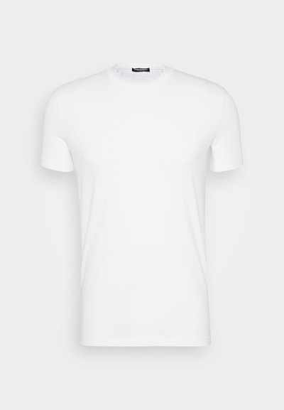 Weißes Baumwoll-T-Shirt mit Rundhalsausschnitt, kurzen Ärmeln und glatter Textur. Keine Muster oder Grafiken vorhanden.