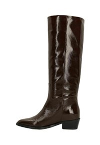 Bottines marron, brillantes, arrivant jusqu'au genou avec un bout pointu, un léger talon et une texture lisse. Présentent une tige ajustée et des détails minimaux.