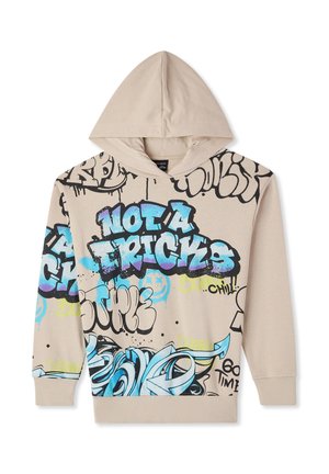 Felpa con cappuccio in tessuto beige chiaro con grafiche colorate in stile graffiti, tra cui la scritta "NOT A TRICKS", con accenti blu, neri e neon.