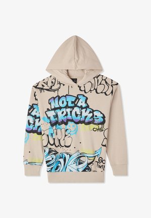 Felpa con cappuccio in tessuto beige chiaro con grafiche colorate in stile graffiti, tra cui la scritta "NOT A TRICKS", con accenti blu, neri e neon.