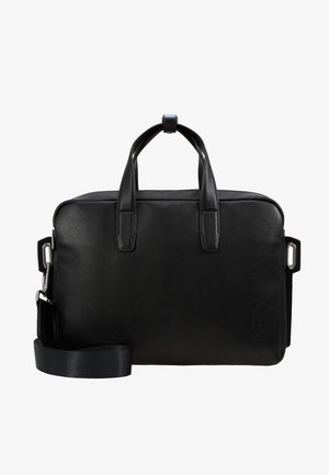 Sacoche pour ordinateur portable rectangulaire en cuir noir avec deux poignées et une bandoulière réglable, avec un logo discrètement embossé sur le côté.