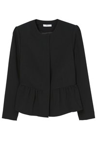 Zwarte peplumjas met lange mouwen, ronde halslijn en een sluiting aan de voorkant. Gemaakt van een gladde stof met een subtiele textuur en een getailleerde pasvorm.