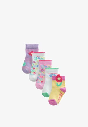 Cinque calzini colorati per bambini con motivi floreali e bordi smerlati, disposti uno accanto all'altro su uno sfondo bianco.