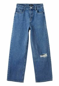 Jeans a vita alta in denim blu, con gamba larga e dettaglio di ginocchio strappato. Presentano cinque tasche e chiusura con bottone. Tessuto testurizzato.