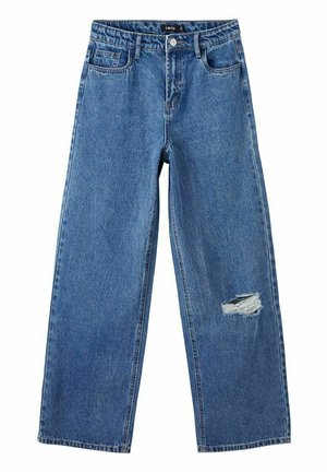 Jeans a vita alta in denim blu, con gamba larga e dettaglio di ginocchio strappato. Presentano cinque tasche e chiusura con bottone. Tessuto testurizzato.
