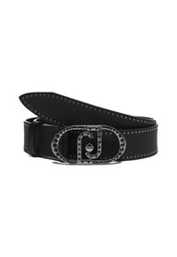 Cintura in pelle nera con dettagli a borchie, dotata di una fibbia ovale in tonalità argento decorata con strass e un design con logo.