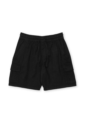 Pantalones cortos casuales negros con cintura elástica, cordón ajustable, bolsillos laterales y bolsillos tipo cargador en cada pierna.