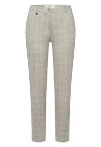Pantalon à carreaux beige clair avec une texture lisse, coupe droite, fermeture par bouton, et des accents bleus subtils dans le motif.