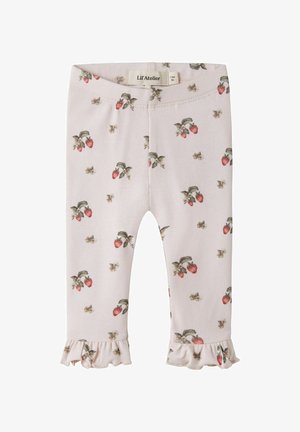 Legginsy dla niemowląt z jasnoróżowym tłem, czerwonymi truskawkami i drobnym kwiatowym nadrukiem, elastycznym pasem i falbankami przy kostkach.