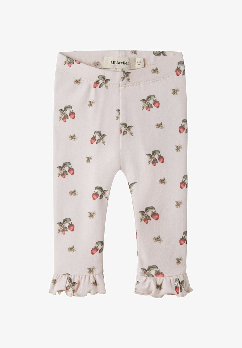 Μωρουδιακά κολάν με ανοιχτό ροζ φόντο, κόκκινα φράουλα και μικρή εκτύπωση λουλουδιών, ελαστική μέση και ριγωτά τελειώματα στους αστραγάλους.