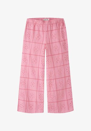 Ružové nohavice so širokými nohavicami, elastickým pásom a kvetinovým vzorom eyelet v štvorcových mriežkach.