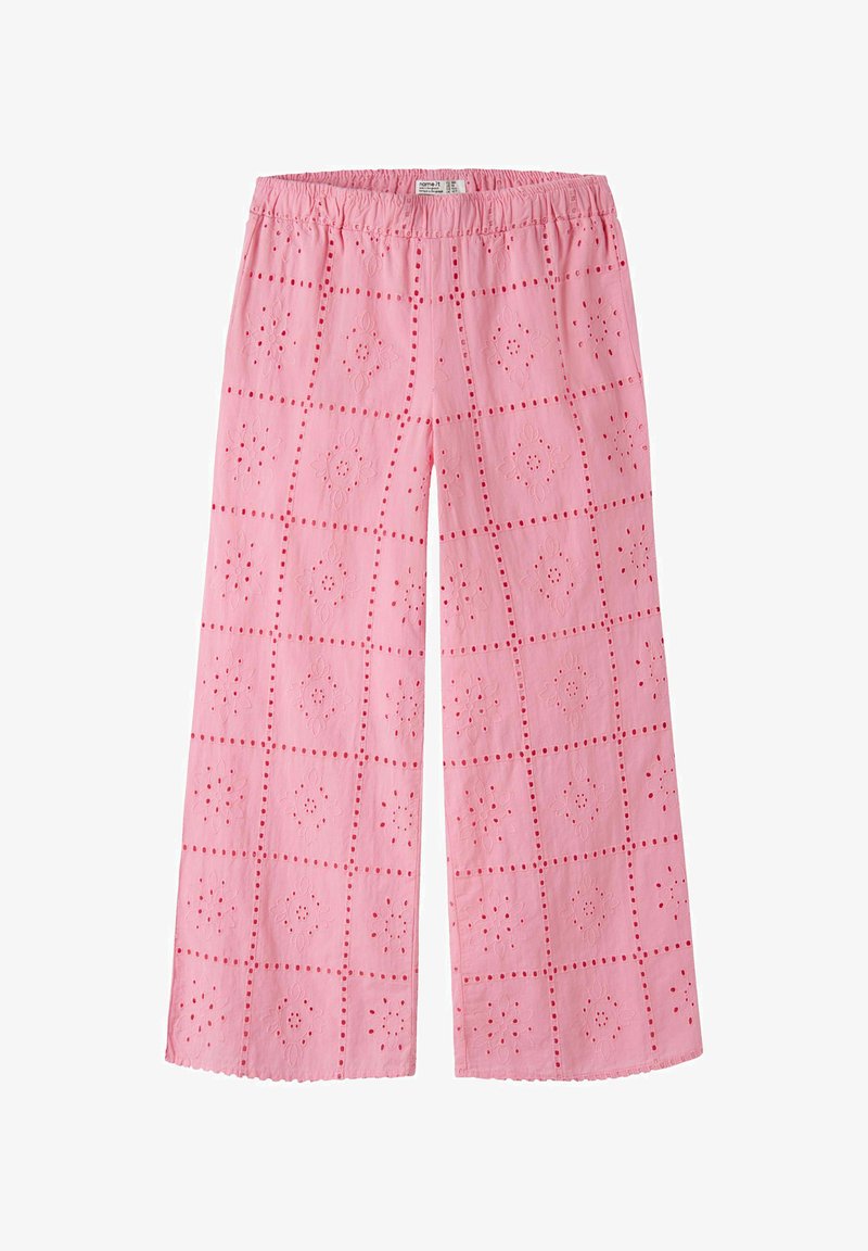 Pantalon rose à jambes larges avec ceinture élastique et motif floral découpé en œillet disposé en grilles carrées.