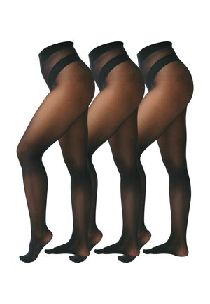 Three pairs of legs wearing sheer black pantyhose with high waistbands, shown from the side against a white background.