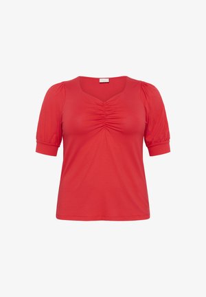 Czerwony top z krótkim rękawem, z dekoltem w kształcie litery V oraz detalem z marszczonego materiału na klatce piersiowej. Wykonany z miękkiego materiału, posiada bufiaste rękawy oraz luźny krój.