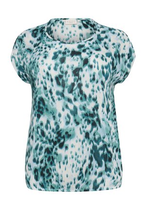 Short-sleeved top in lightweight, sheer fabric with a teal and black abstract pattern on a white background; round neckline and relaxed fit.