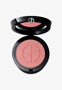 Fard à joues compact avec un boîtier noir brillant. Présente une poudre rose pâle avec une finition chatoyante et un design de logo en relief sur la surface.