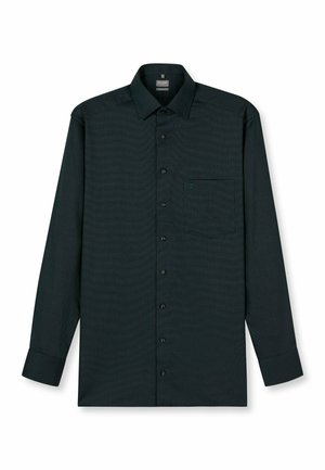 Dunkelgrünes Hemd mit Knöpfen, langen Ärmeln, strukturiertem Stoff, einer Brusttasche und schwarzen Knöpfen. Klassischer Kragen und gerader Saum.