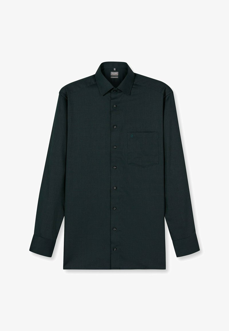 Dark green button-up shirt with long sleeves, textured fabric, single chest pocket, and black buttons. Classic collar and straight hem.
