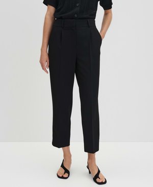 Black tailored trousers with a high waist, featuring front pleats, side pockets, and a straight leg design. Smooth fabric finish.