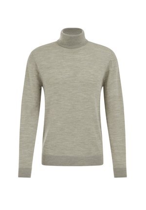 Ljust grå polotröja gjord av mjukt, strukturerat tyg med långa ärmar och ribbade muddar och nederkant. Slät yta utan mönster.