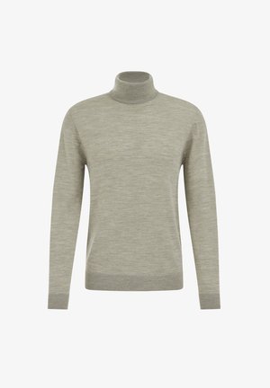 Hellgrauer Rollkragenpullover aus weichem, strukturiertem Stoff mit langen Ärmeln sowie gerippten Abschlüssen und Saum. Glatte Oberfläche ohne Muster.