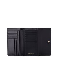 Black leather wallet with multiple card slots and a coin compartment. Features a gold logo and a snap closure. Smooth texture throughout.