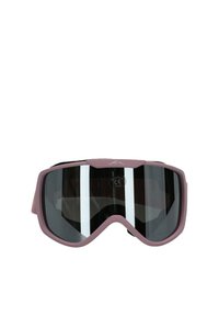 Lumilasit, joissa on vaaleanpunainen kehys, tummennetut mustat linssit ja pehmeä nauha. Kaareva muotoilu, laaja näkökenttä ja sileä pinta.