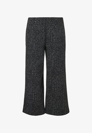 Czarno-białe spodnie wide-leg w wzór jodełki, wykonane z teksturowanego materiału, z gładką talią i rozszerzającym się dołem.