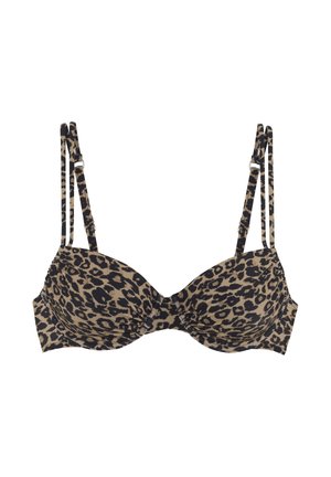 Leoprint-BH mit Bügel, gepolsterten Cups und doppelt verstellbaren Trägern in Beige- und Schwarztönen.