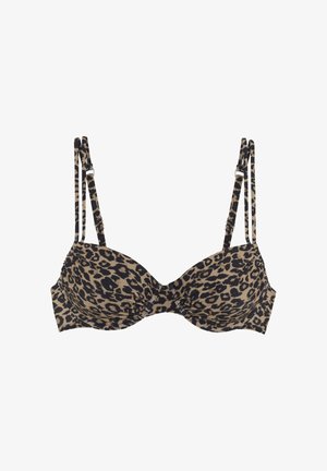 Leoprint-BH mit Bügel, gepolsterten Cups und doppelt verstellbaren Trägern in Beige- und Schwarztönen.