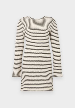 Fitted long-sleeve cream dress with thin black horizontal zigzag stripes, round neckline, and a short hemline.