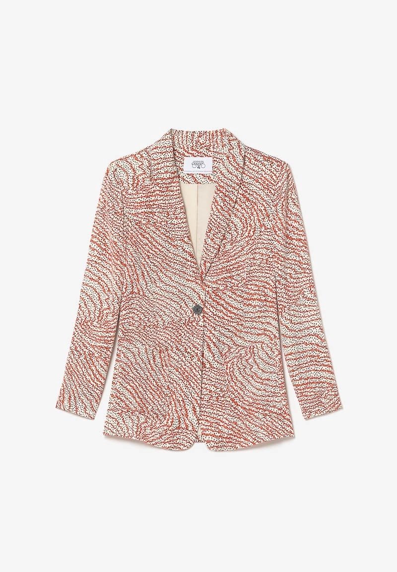 Bílý a červený blazer se vzorem, s klopovým límcem, zapínáním na jeden knoflík a dvěma předními kapsami. Tkanina má strukturovaný vzhled.