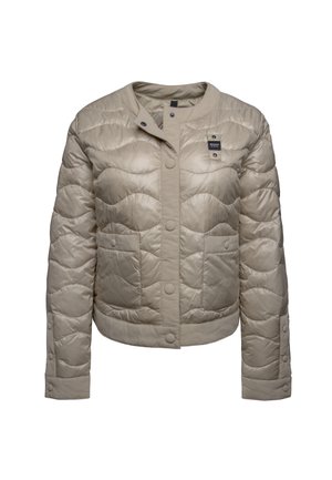 Beige puffer jacket with a snap-button closure, ribbed cuffs, two front pockets, and a quilted design featuring wavy stitched patterns.
