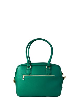 Bolso de mano de cuero verde con superficie texturizada, asas dobles, bolsillo frontal con cremallera y herrajes en tono dorado. Forma rectangular con base plana.