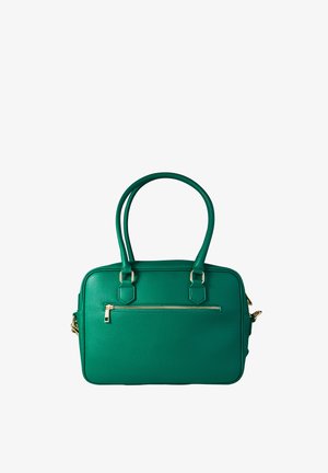 Bolso de mano de cuero verde con superficie texturizada, asas dobles, bolsillo frontal con cremallera y herrajes en tono dorado. Forma rectangular con base plana.